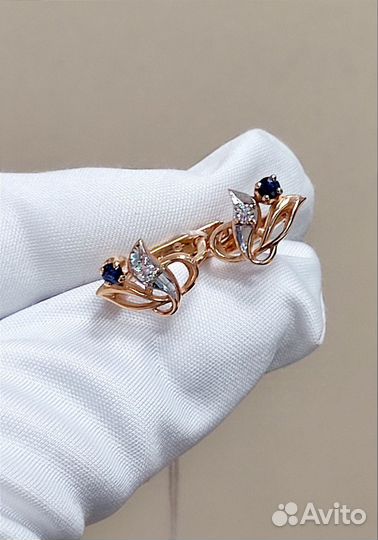 Золотые серьги с бриллиантами и сапфирами