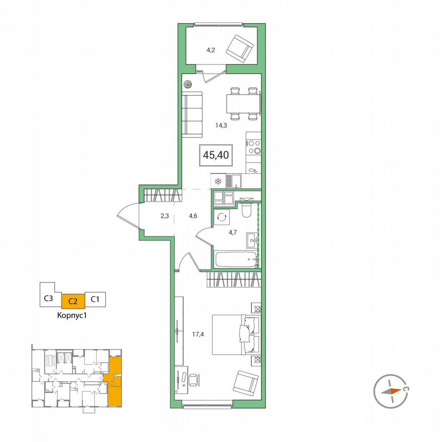1-к. квартира, 45,4 м², 3/12 эт.