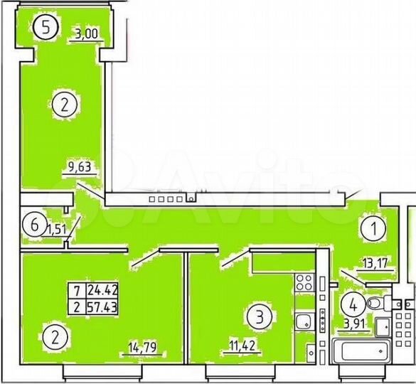 2-к. квартира, 57,4 м², 2/4 эт.