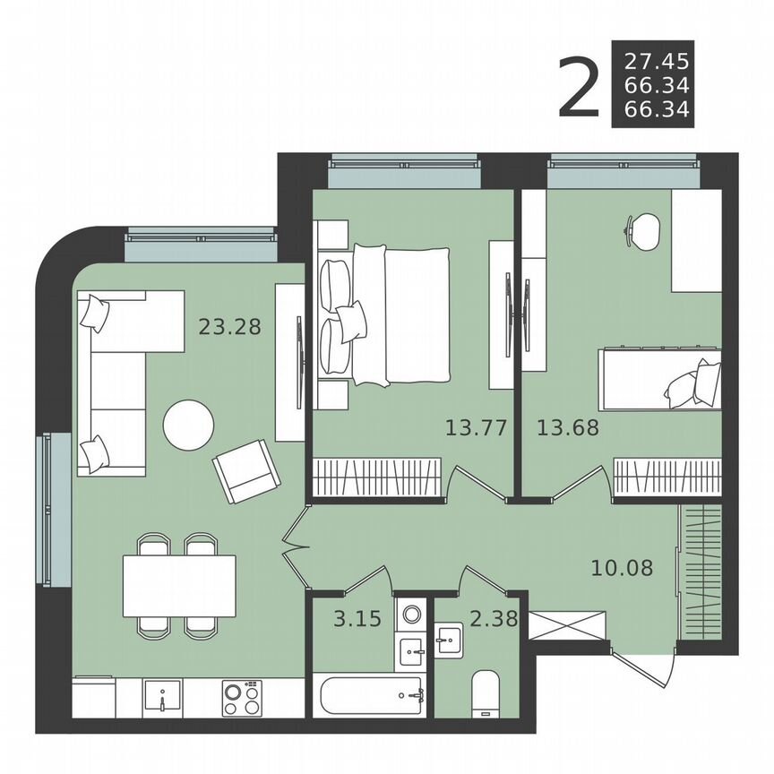 2-к. квартира, 66,3 м², 1/6 эт.