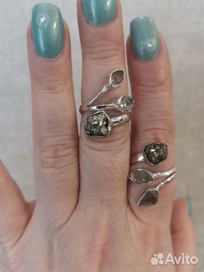 Пирит с алмазами херкимера кольцо в серебре 925