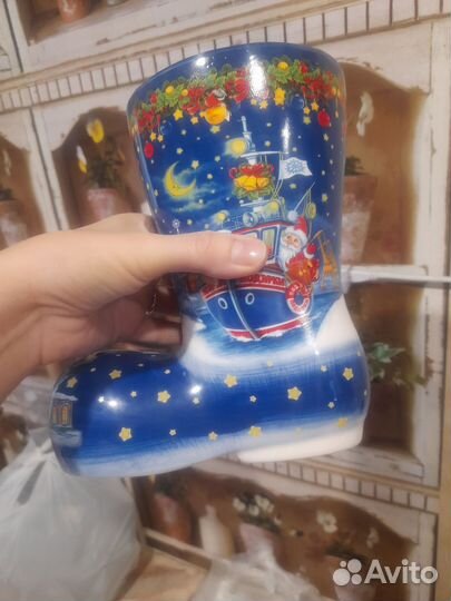 Керамический сапожок новогодний, ваза, упаковка