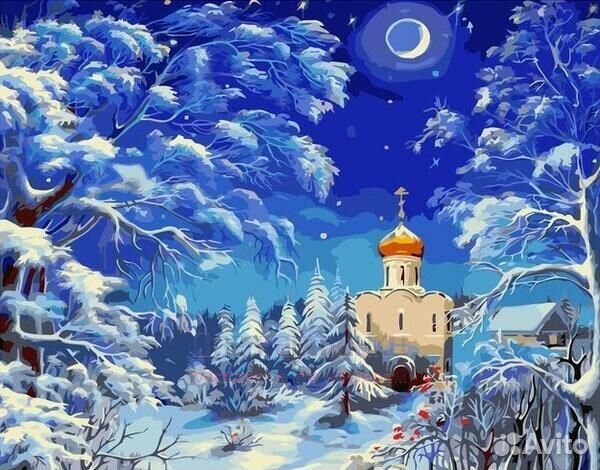 Картина по номерам 40x50 Храм в заснеженном лесу