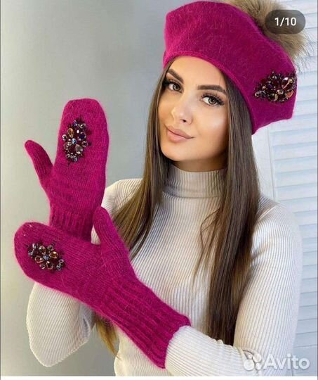 Шикарный комплект берёт + варежки стразы