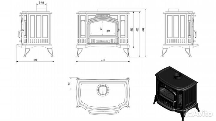 Печь-камин чугунный Kratki Koza K9