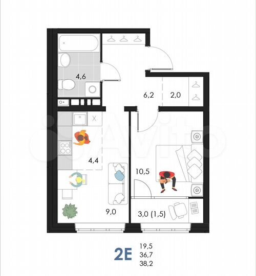 2-к. квартира, 38,2 м², 6/6 эт.