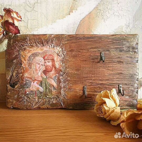 Панно на стену Петр и Феврония. Деревянное панно