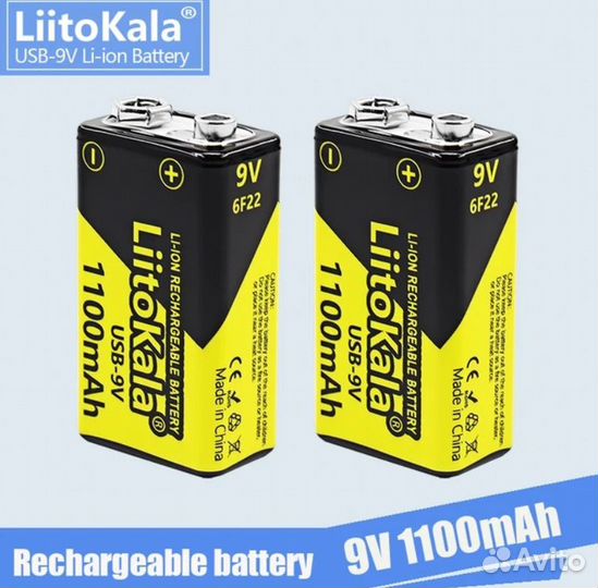 Крона аккумулятор LiitoKala USB-9V 1100mAh 6F22