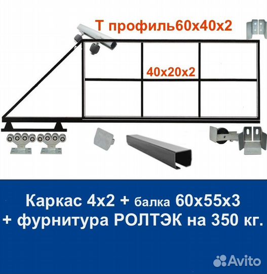 Откатные ворота 4х2 Т-Профиль ролтэк-М на 350 кг