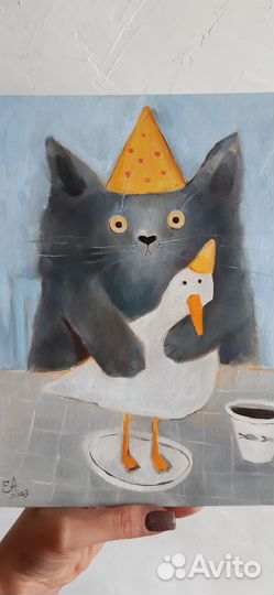 Картина маслом кот с чайкой бронь для Александра