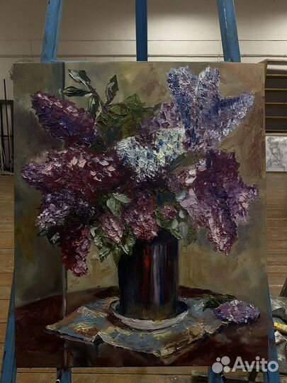 Картина, сирень, написанная маслом на холсте