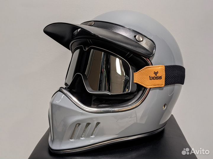 Мотошлем Retro Voss винтаж с очками серый глянец