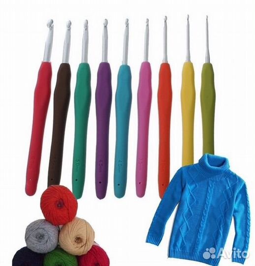 Крючки вязальные с резиновой ручкой. Набор9шт