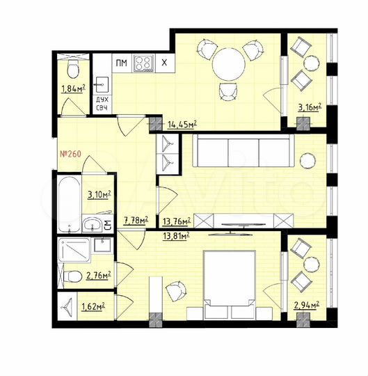 2-к. квартира, 65,2 м², 10/14 эт.