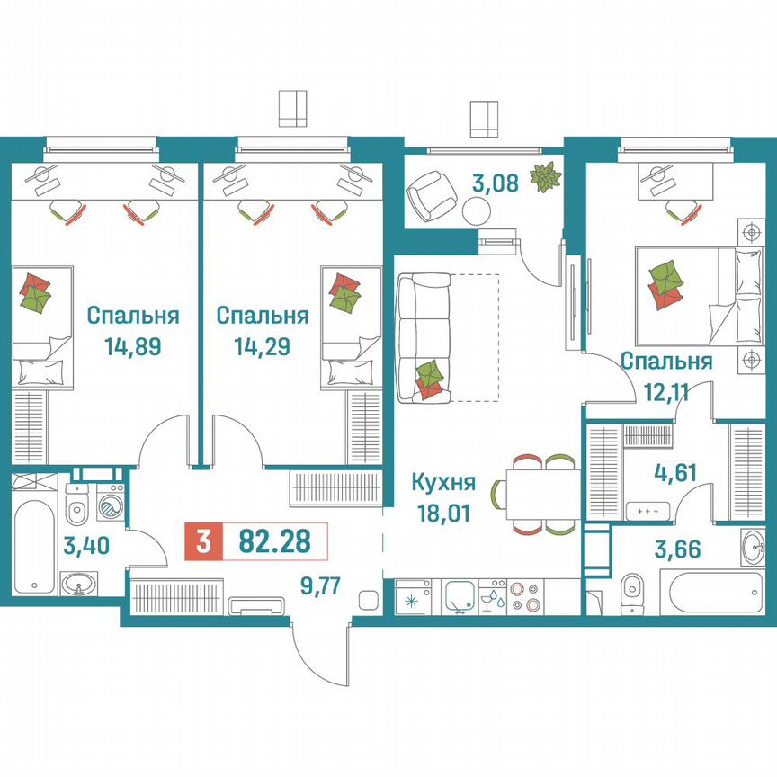 3-к. квартира, 82,3 м², 10/18 эт.
