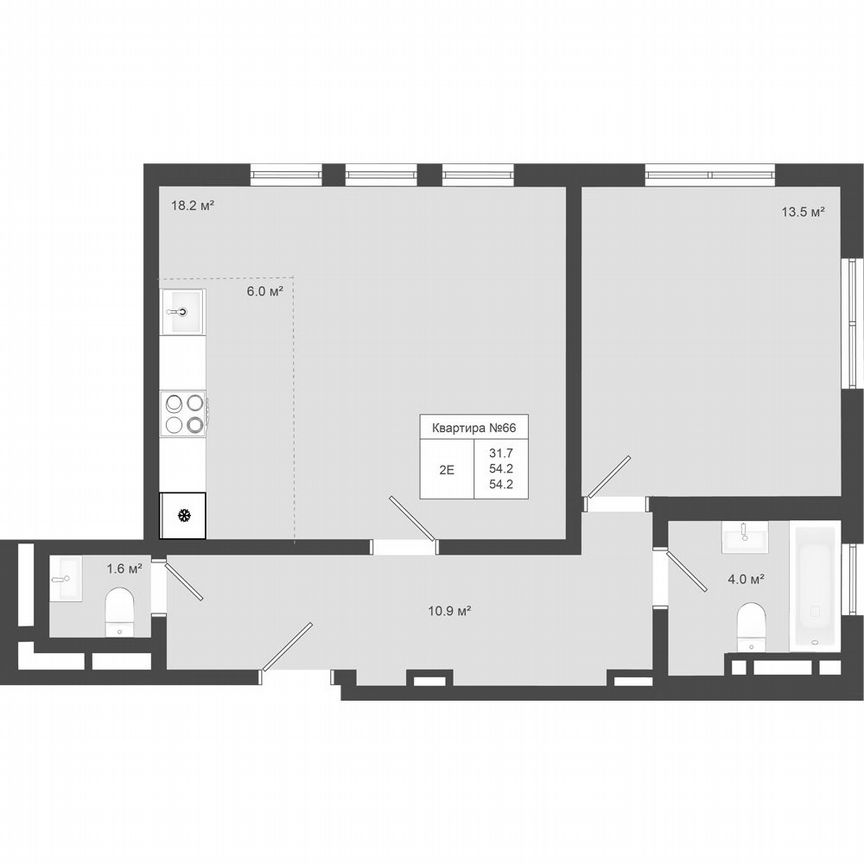 1-к. квартира, 54,2 м², 1/4 эт.