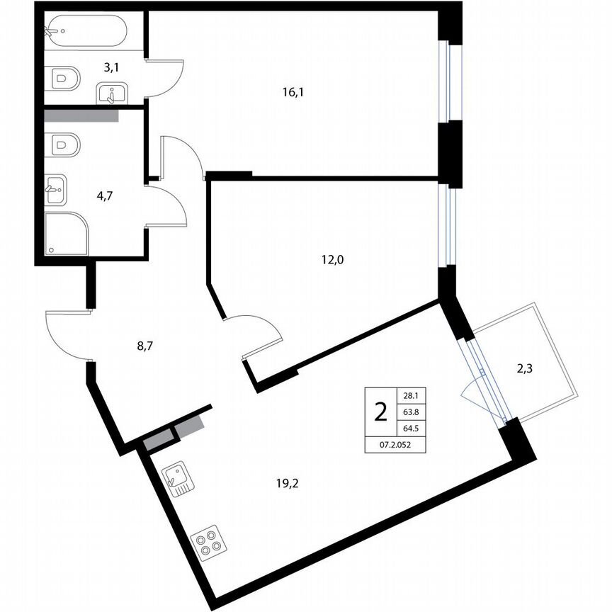 3-к. квартира, 64,5 м², 2/3 эт.