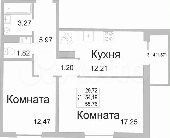 2-к. квартира, 55,8 м², 5/9 эт.