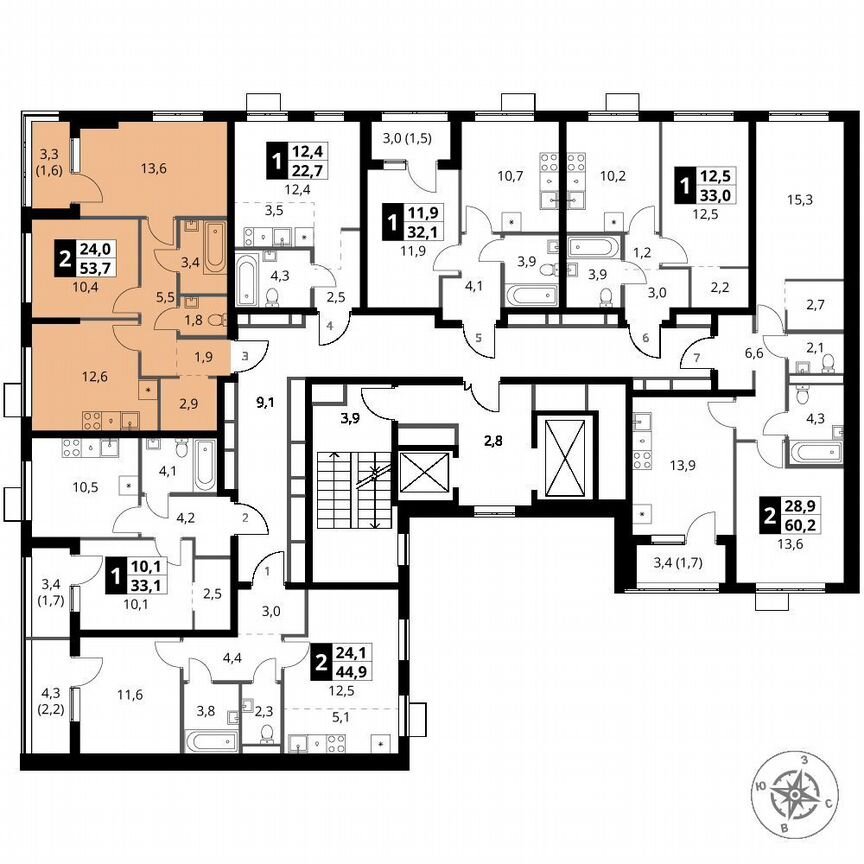 2-к. квартира, 53,7 м², 4/16 эт.