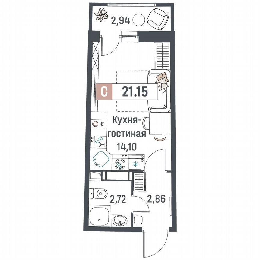 Квартира-студия, 21,2 м², 13/18 эт.