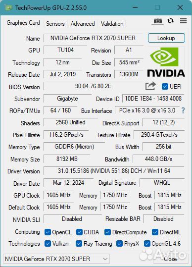 Видеокарта GeForce RTX 2070 Super gaming OC 3X