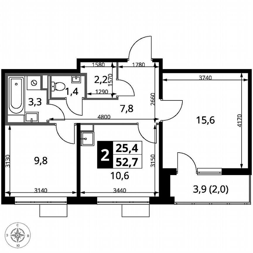 2-к. квартира, 52,7 м², 2/9 эт.