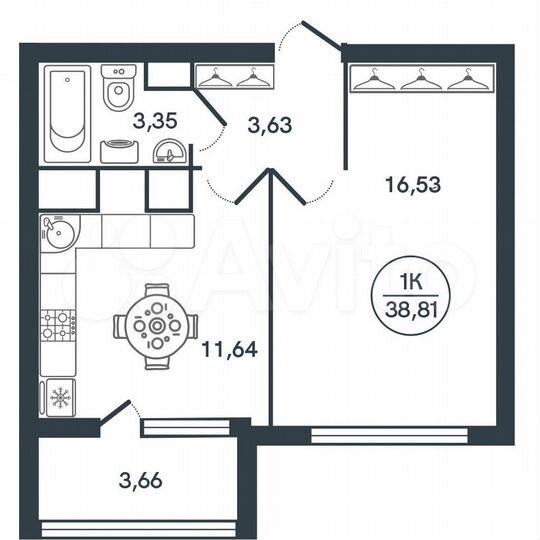 1-к. квартира, 38,8 м², 3/17 эт.
