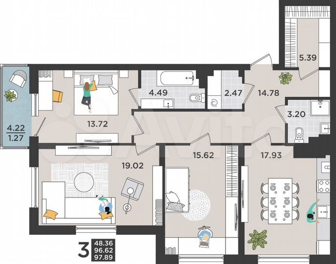 3-к. квартира, 97,9 м², 1/7 эт.