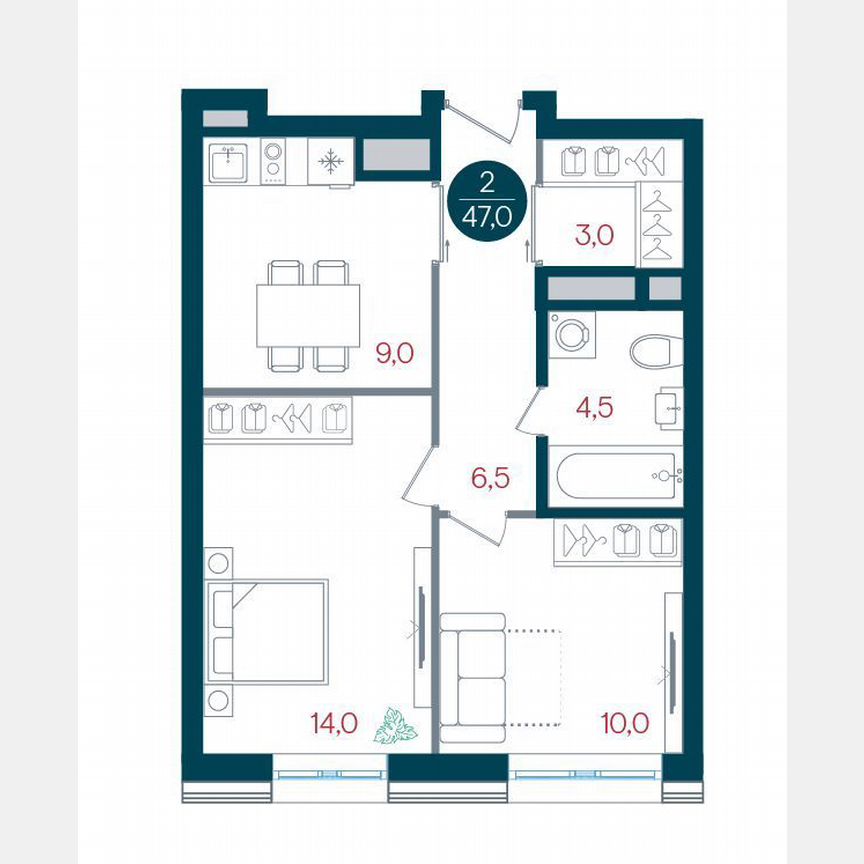 2-к. квартира, 47 м², 30/32 эт.