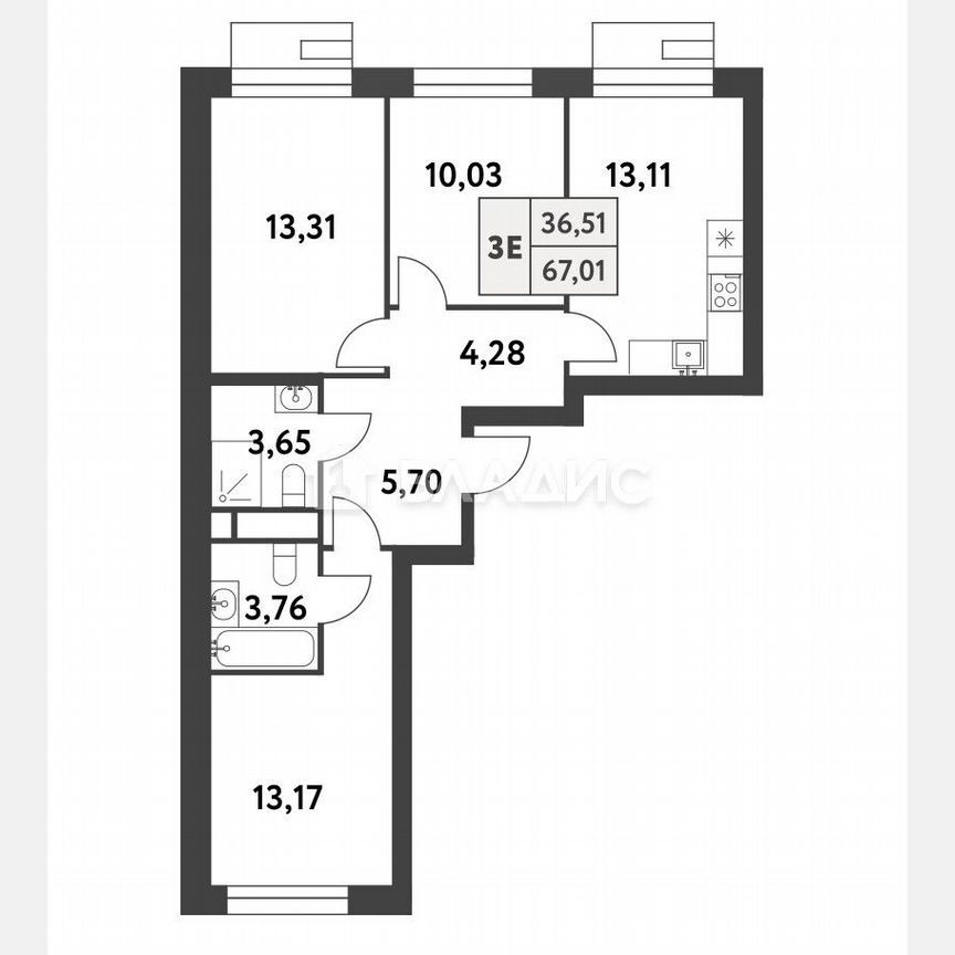 3-к. квартира, 67 м², 3/16 эт.