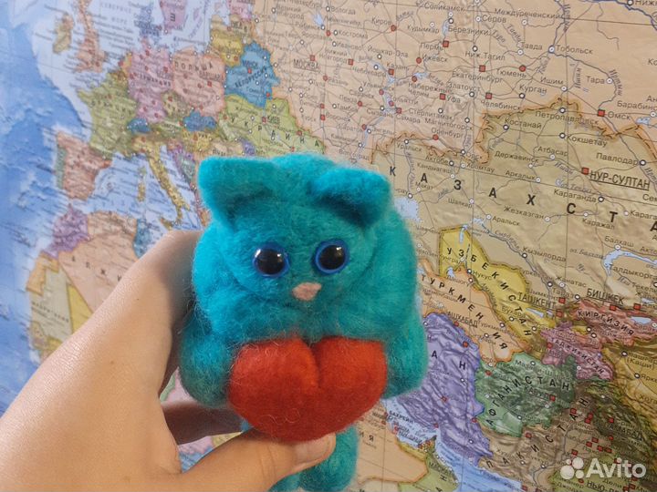 Валяный из шерсти кот Мягкая игрушка мятный котик