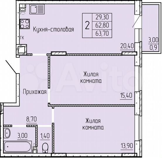 2-к. квартира, 63,1 м², 4/4 эт.