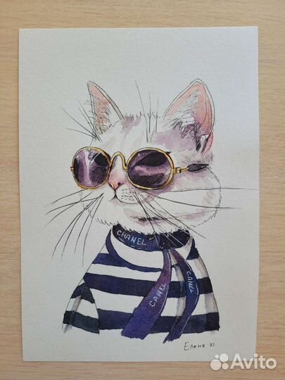 Картина кота акварель