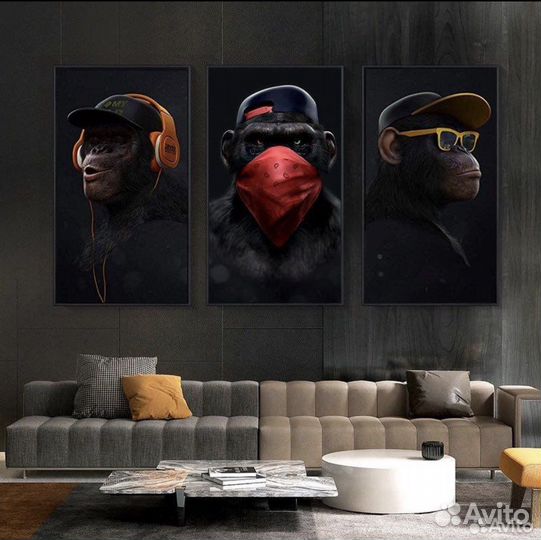 Картина на холсте три обезьяны, для офиса