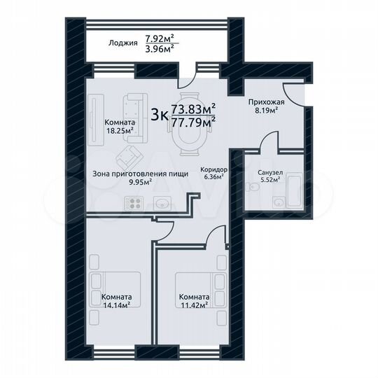 3-к. квартира, 77,8 м², 3/10 эт.
