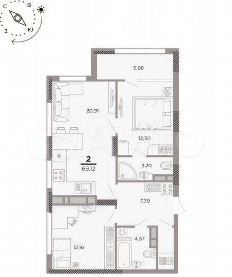 2-к. квартира, 69,1 м², 24/25 эт.