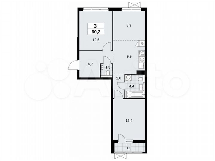 3-к. квартира, 60,2 м², 5/19 эт.