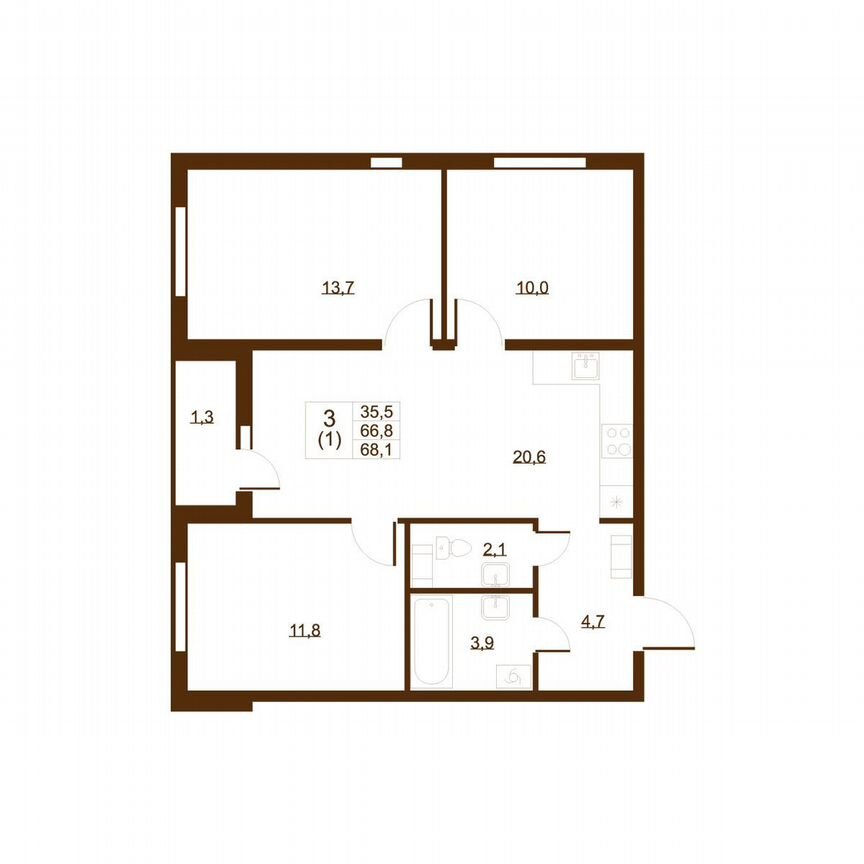 3-к. квартира, 68,1 м², 7/8 эт.