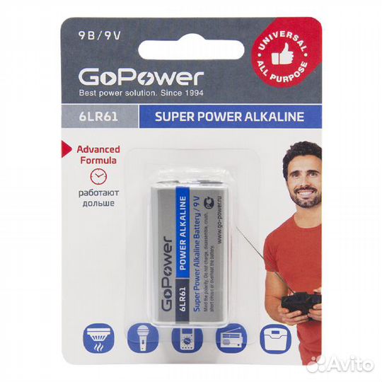 Батарейка Крона 6LR61 алкалиновая GoPower