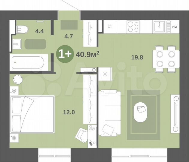 1-к. квартира, 40,9 м², 7/9 эт.