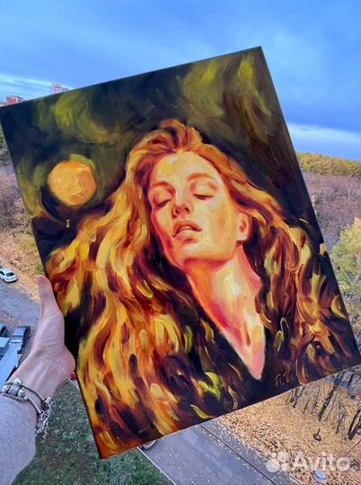 Картина маслом ночь луна девушка оригинальная