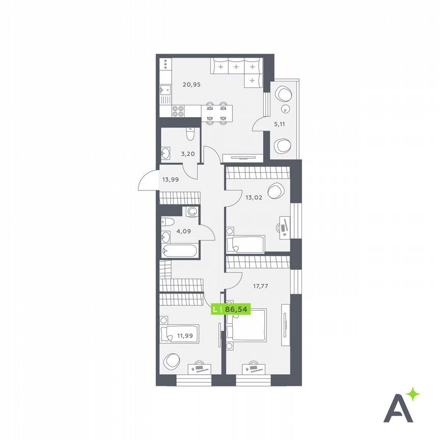 3-к. квартира, 86,5 м², 9/12 эт.