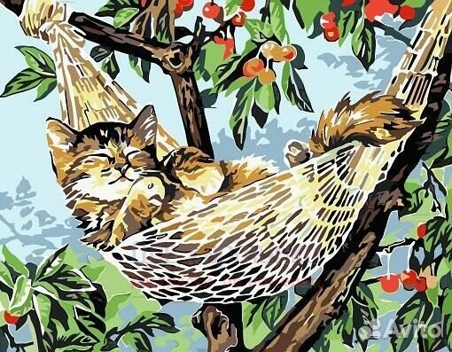 Картина по номерам 40x50 Котенок в гамаке на вишне