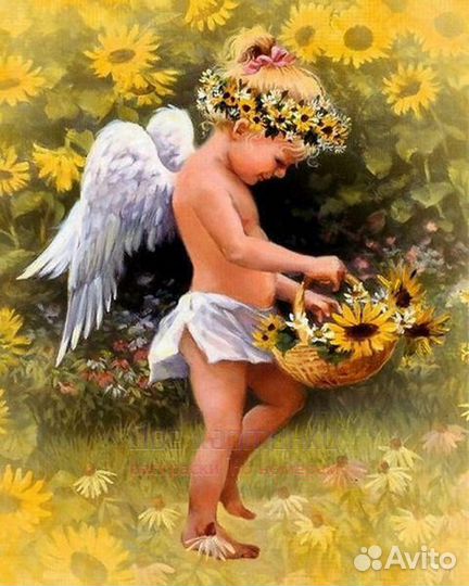 Алмазная мозаика 40x50 Ангелочек с корзинкой желты