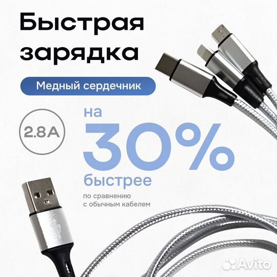 USB Кабель 3 в 1 Lightning + Type-C + Micro-USB