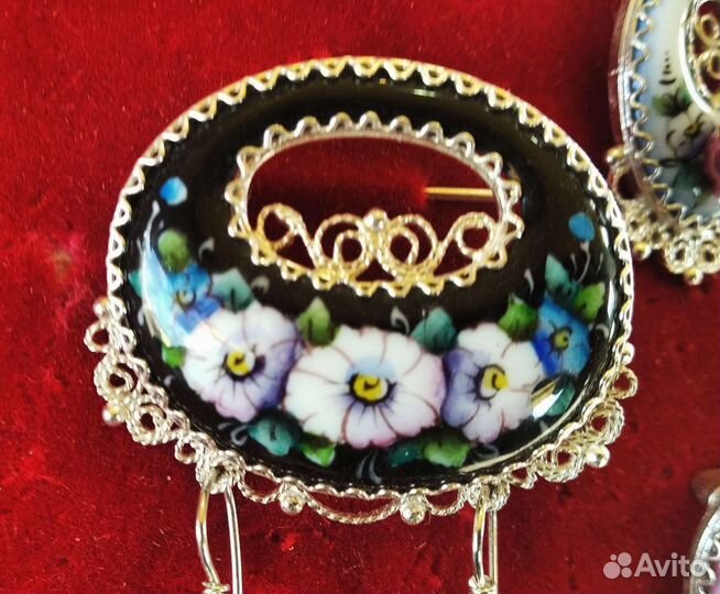 Финифть Комплект Гарнитур Брошь + Серьги Скань Ag