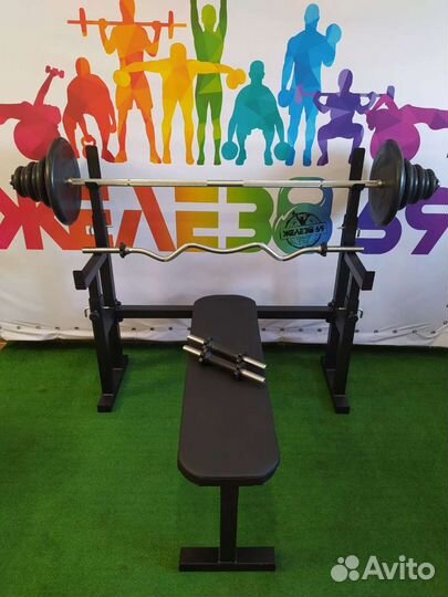 Скамья для жима,стойки,штанга прямая и w 73кг,гант