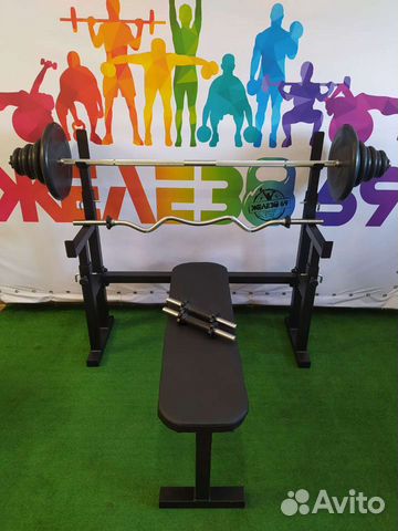 Скамья для жима,стойки,штанга прямая и w 73кг,гант