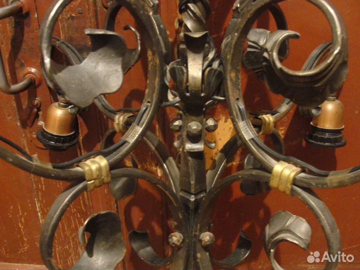 Винтажная кованная люстра, абажуры свиная кожа