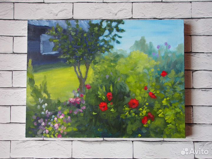 Картина маслом на холсте пейзаж с цветами 